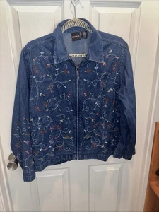 Erika vintage 90s Embroidered denim jean jacket XL floral bold unique boho - Picture 1 of 6