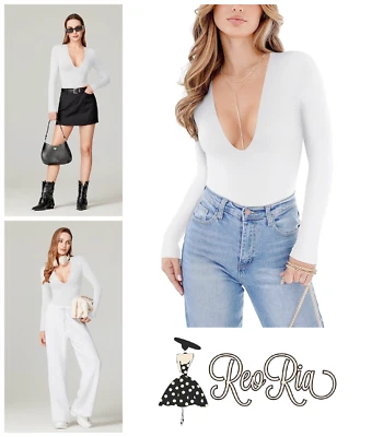 Womens Bodysuit Sexy Top Size M Plunge Deep V Neck Trendy Long Sleeve Going Out - Image 1 of 4