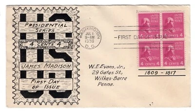 #808 Presidential Series James Madison 1938 FDC - Hand-drawn Evans - Image 1 of 2