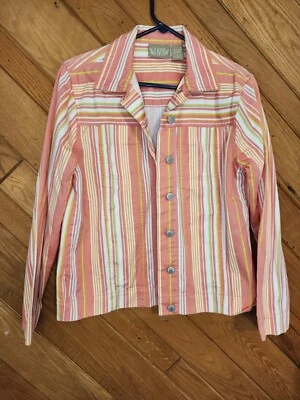 Blassport鲑鱼和绿色垂直条纹轻便小号牛仔夹克 — 第 1/4 张图片