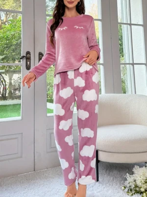 Damen Schlafanzug Pyjama Winter Fleece Kuschelig Flauschig Warm Weich Frauen Set - Bild 1 von 4