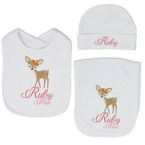 Baby Girl Personalized Custom Woodland Deer Bib and Burp Cloth Set VS2 - Picture 1 of 26