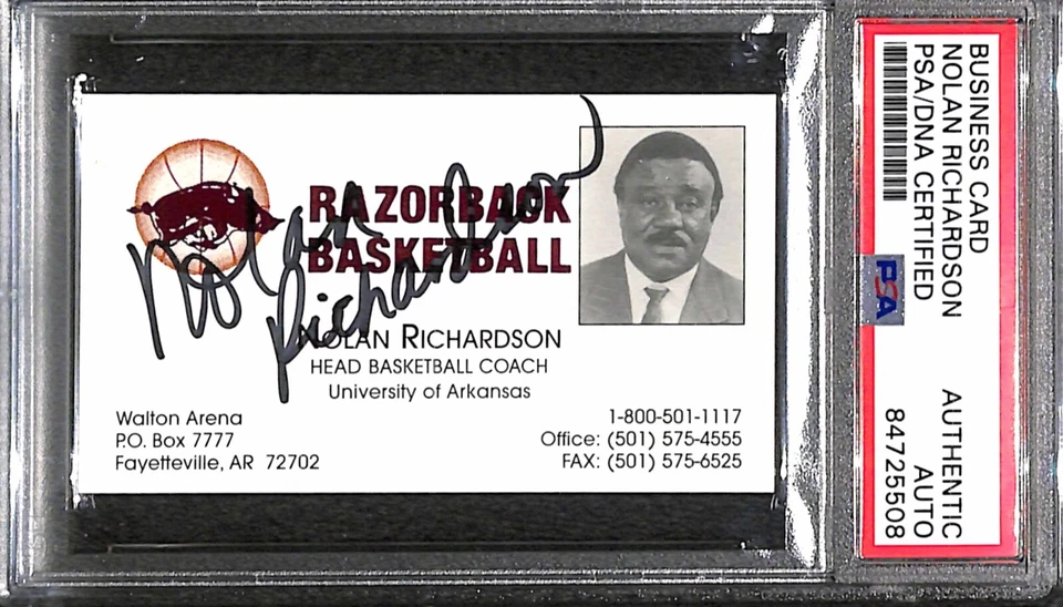 Tarjeta de visita firmada autografiada por Nolan Richardson "1994 Final 4 Champs HOF" PSA Foto 1 de 3