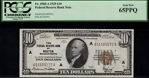 1929 $10 Federal Reserve Bank Note - Boston - FR.1860-A - Graded PCGS 65PPQ - Picture 1 of 2