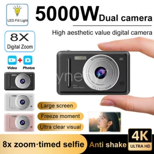 Dual Lens Digital Camera HD 4K 50MP 2.4'' LCD Display Screen 8X Zoom Anti-Shake - Picture 1 of 33