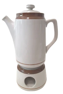 Vintage Steingut Kaffeekanne mit Deckel und Stövchen Ständer Japan MSI Braun Monterrey - Bild 1 von 17