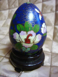 Pretty & Perfect Cloisonne  Egg on Wooden Stand - Floral Design on Blue Egg - Picture 1 of 10