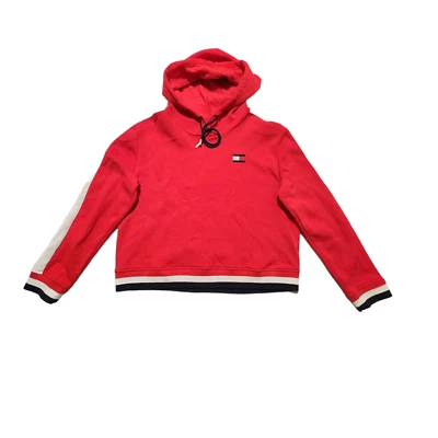 Tommy Hilfiger Womens Crop Sweatshirt Hooded Fleece Logo Flag Red Size Large - Image 1 of 4
