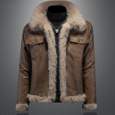 Men's Winter Warm Faux Fur Lined Leather Windbreak Motorcycle Jacket Coat Punk - Image 1 of 4