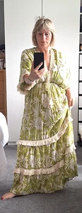 STUNNING GOLDEN DAYS GREEN, WHITE & GOLD FRINGED BOHO MAXI SUN DRESS Sz S/M - Picture 1 of 9