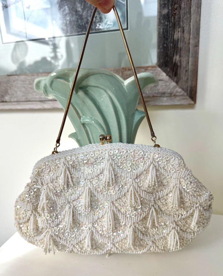 Vintage 1950s Hand Made Cream Hand Beaded  Clutch With A Snake Chain - Image 1 of 4