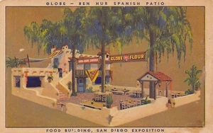Globus Mehl Ben Hur Terrasse San Diego Ausstellung Kalifornien Werbepostkarte - Bild 1 von 2