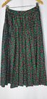Vintage Long Pleated Skirt Womens Red Berries on Black Size S Pull On Maxi