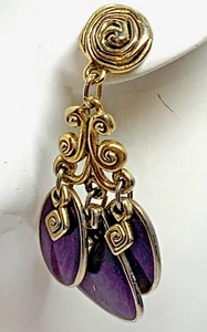 Vtg Edgar Berebi Purple Enamel Ornate Dangle Pierced Earrings Signed Gold Tone - Picture 1 of 6