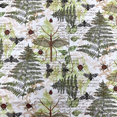 Ladybug Mantis Bee Ferns Green Brown Cream Nature Cotton Fabric 36"x29" #30 - Image 1 of 4