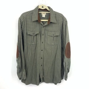 LL Bean Men Size XL Shirt Button Down Top Green Flannel Plaid Elbow Patches - Picture 1 of 9