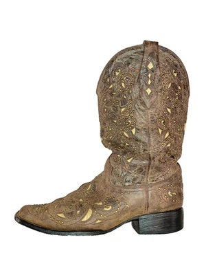 Gray CORRAL cowboy boots 11 floral inlay studded genuine leather ornate pull on - Image 1 of 4