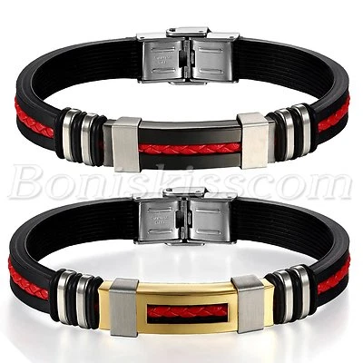 Men's Stainless Steel Black Silicone Inlaid Braided Leather Bracelet Bangle Cuff - Image 1 of 2