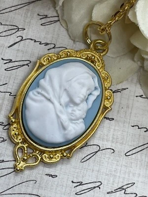 Colar de ouro Madonna Maria Menino Jesus MÃE coração joia branco dia das mães camafeu - Imagem 1 de 4