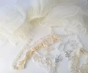Wedding Veil Bead Trim Lot Faux Pearl Satin Buttons Mesh Repurpose Pieces Sew - Picture 1 of 15