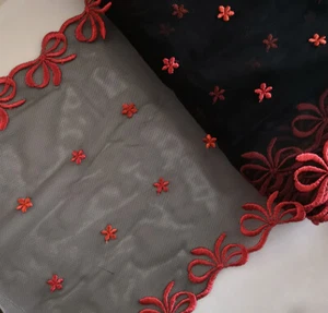 3.5 Yards 9" Wide Black Tulle Mesh Lace With Embroidered Red Bow xh147 - Picture 1 of 2