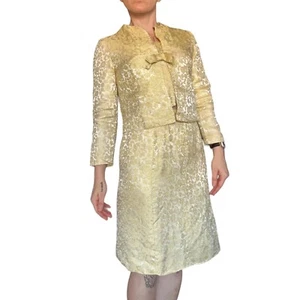 Vintage 1960s Gold Brocade 3pc Skirt Suit Set Jacket Shell Mandarin Collar XS - Picture 1 of 7
