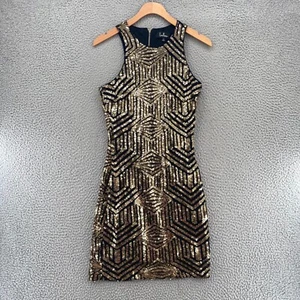 Lulus Dress Womens Small Royal Flush Black Gold Sequin Bodycon Stretch Mesh Mini - Picture 1 of 11