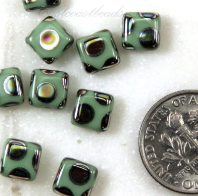 PRECIOSA Tile Beads, 6x6mm, Light Green w/Peacock Finish, Czech Beads 20 Pcs - Image 1 of 3