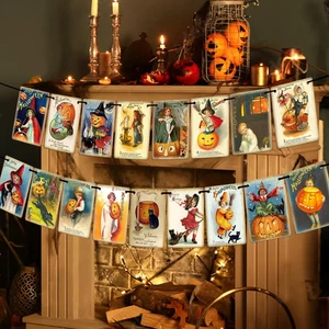 Victorian Style Vintage Halloween Banner - 17Pcs Trick or Treat Garland - Picture 1 of 6