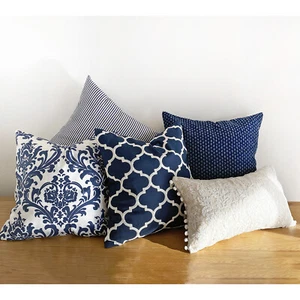 Mix Match Hamptons Navy/White Damask Geometric Embroidered Cushion Cover - Picture 1 of 18