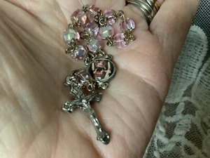 mini Rosary pink faceted caped glass beads Italy religious Christian crucifix  - Picture 1 of 6