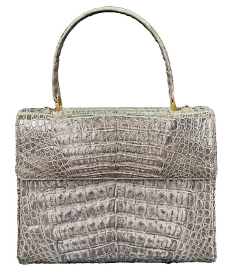 复古 罕见 Delvaux 灰色 Croc 皮革顶部手柄 钱包 单肩包 手提包 挎包 — 第 1/4 张图片