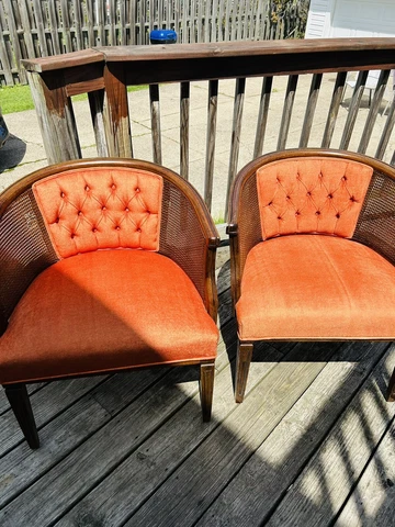 Set of 2  Mid-Century Orange Tufted Back Cane Barrel Chair Cover