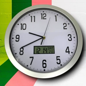 Combination Analog & Digital Classic School Wall Clock Silver Acrylic Frame - Picture 1 of 4