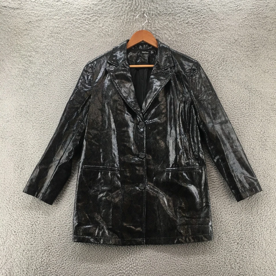 Boohoo Trench Coat Blazer Jacket Womens 8 Black Snake Collared Long Sleeve - Image 1 of 4