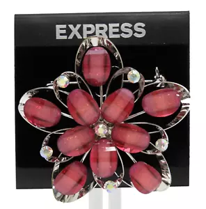 Express Red Crystal Flower Fashion Brooch Silver Tone Rhinestone Accent 2.5” Pin - Picture 1 of 3
