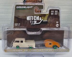 Greenlight Hitch Tow 1968 VW Type 2 Double Cab Pickup N Teardrop Trailer CHASE 