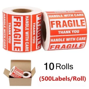 5000 Fragile Stickers 2x3 HANDLE WITH CARE Pack Shipping Warning Labels 10 Rolls - Picture 1 of 7