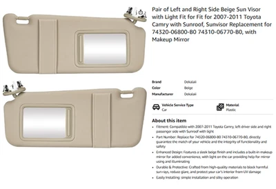 JUEGO DE PARASOL BEIGE IZQUIERDO Y DERECHO con ajuste ligero Toyota Camry 2007-2011 Foto 1 de 3