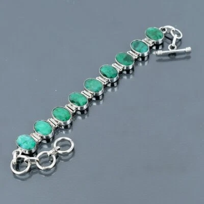 Pulseira de prata esmeralda feita à mão 925 pulseira de prata esterlina pulseira de esmeralda - Imagem 1 de 3