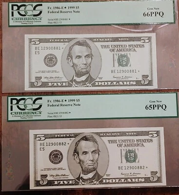 *Star Notes* -Fr. 1986-E $5 - Sequential Federal Reserve Notes- 66/65PPQ Gem New - Image 1 of 2