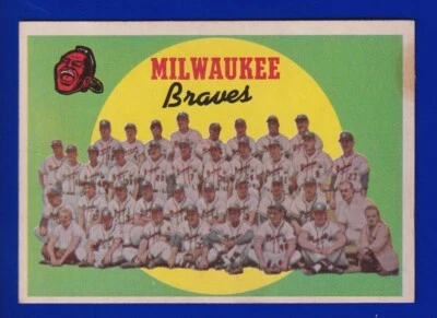 ФОТОГРАФИЯ КОМАНДЫ BRAVES немаркированный контрольный список ХЭНК ААРОН 1959 TOPPS #419 ОЧЕНЬ ХОРОШЕЕ СОСТОЯНИЕ ХОРОШИЕ УГЛЫ  - Изображение 1 из 2