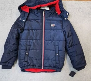 NEW NWT Tommy Hilfiger Boys Fleece Lined Hooded Puffer Jacket Navy Size 5/6 - Picture 1 of 13