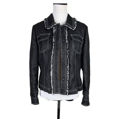 Chaqueta de Moda Worth 14 Negra Tejida Tweed Contraste Flecos Borde Botón a Presión Foto 1 de 4