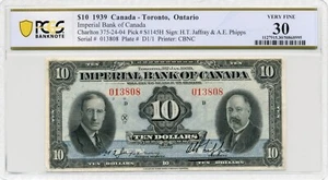 1939 $10 Imperial Bank of Canada - Toronto, Ontario - PCGS VF 30 - Picture 1 of 2