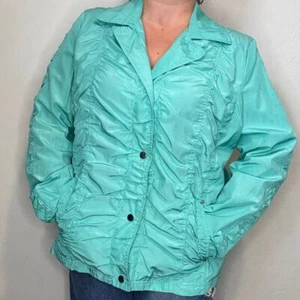 Y2K Erin London Lightweight Windbreaker Jacket Sz XL Turquoise Ruched Button Up - Picture 1 of 11