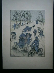 Gravure 1900 couleur locomotion : Vélocipéde tacot voiture tricycle  A Robida - Bild 1 von 2