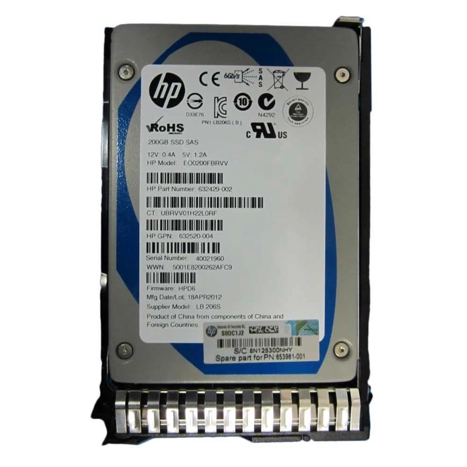 653078-B21 HP 200GB 6G SAS SLC 2.5" SFF SC Enterprise Performance SSD 653961-001 - Image 1 of 1