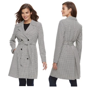 ELLE Pointed Lapel Trench Coat Jacket Houndstooth NWT 6 Lightweight Black White - Picture 1 of 11