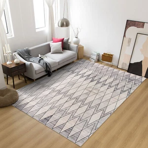 Extra Large Rug Neutral Beige Plush Diamond Geometric Carpet Washable 240x340cm - Picture 1 of 12